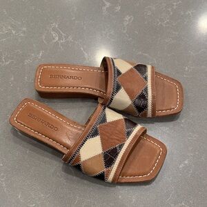 Bernardo Brown, Tan and Cream Patchwork Leather Slide Sandals